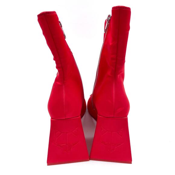 Naked Wolfe Viva Satin Boots Red Pointed Toe Block Heel Ankle Logo Sz 10 - Picture 6 of 10